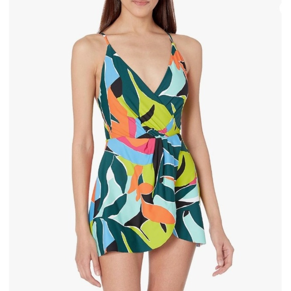 Anne Cole Swimdress Women 12 Tropical Leaf One Piece Skirt Neon Resort Swimsuit